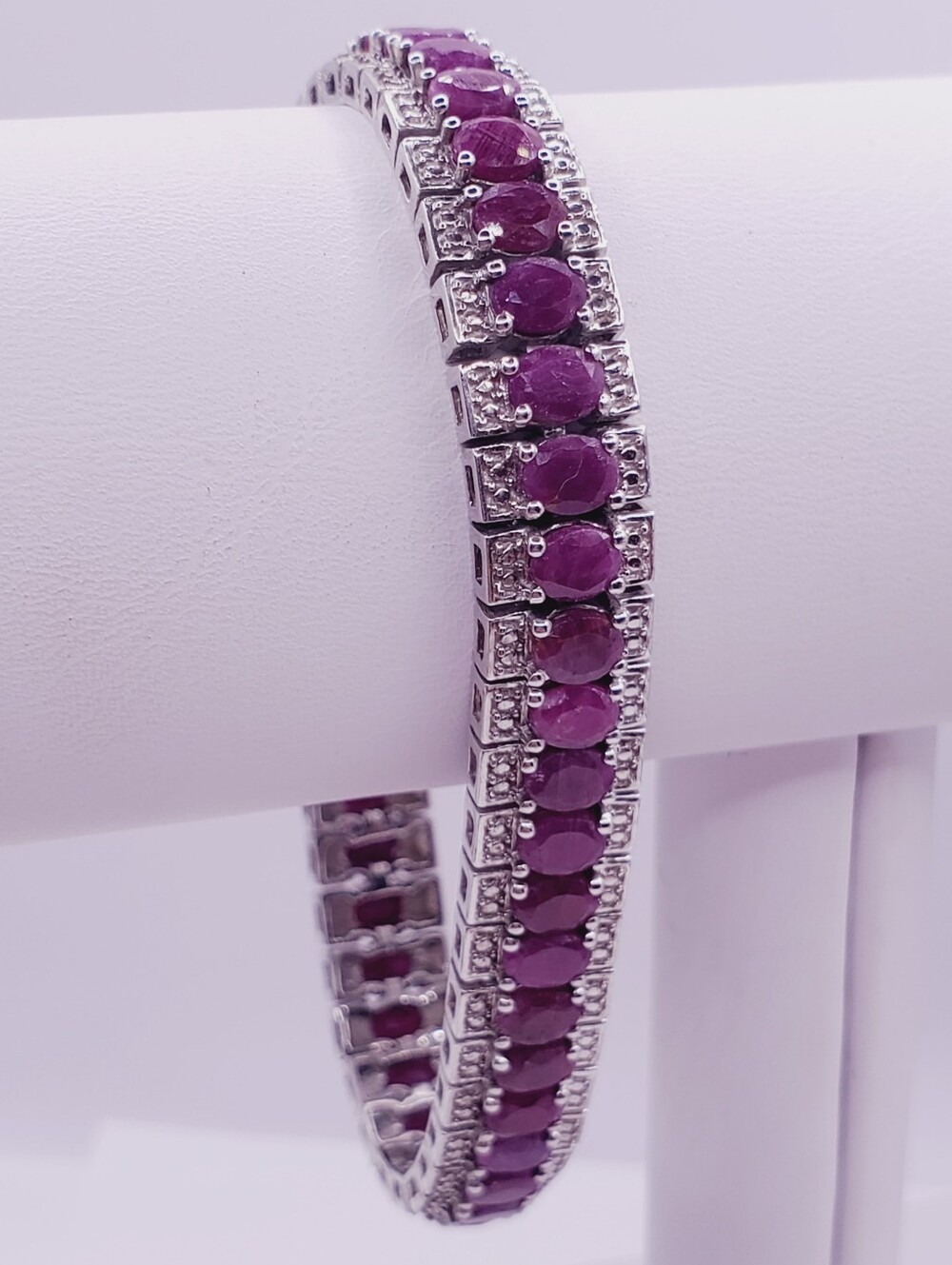 15 Carat Genuine Oval Ruby Rhodium - 925 Sterling Silver Bracelet Women Jewelry